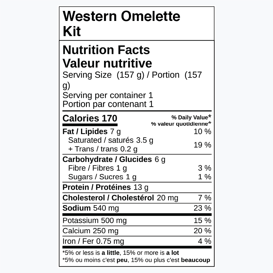 Nutrition facts label for Western Omelette Kit.