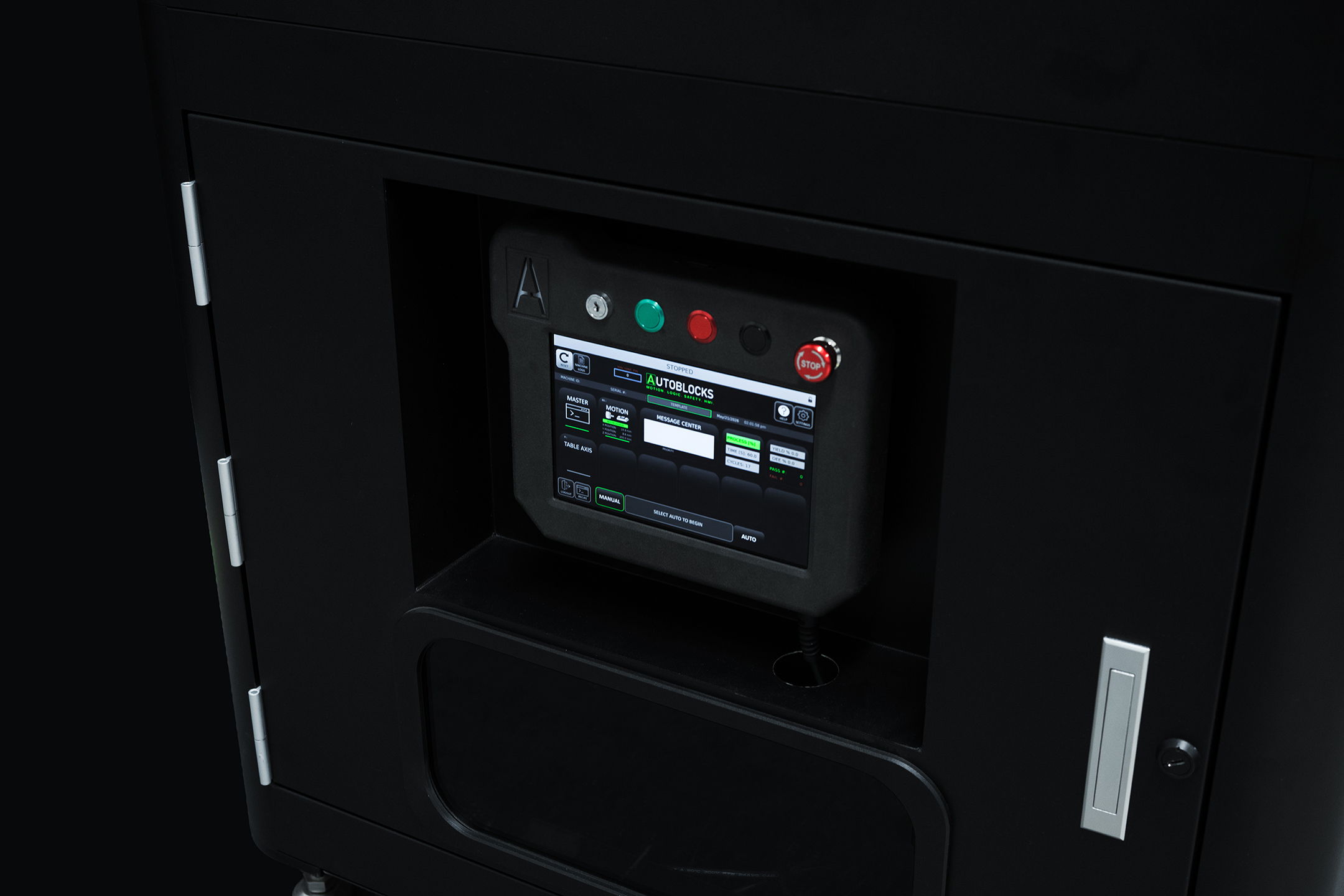 AutoBlocks AB-R1 Single Table PCB Router with Teach pendant. Automated PCB depaneling system with safety enclosure.
