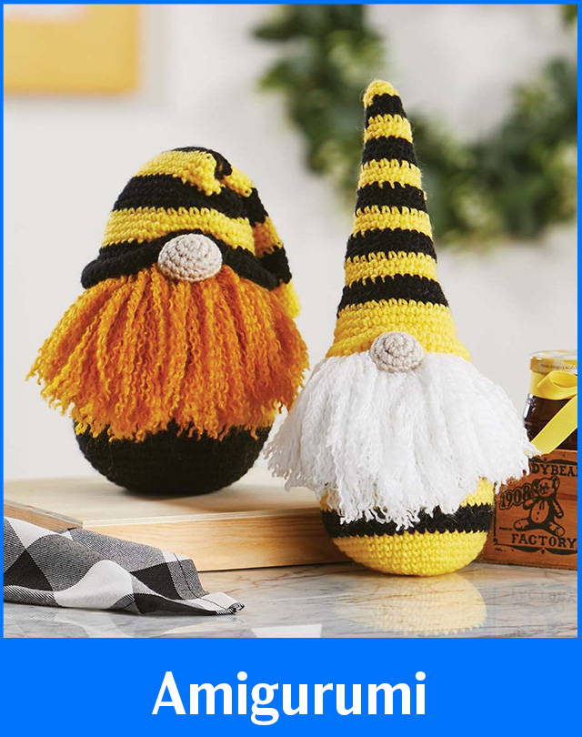 Text: Amigurumi. Image: Herrschners Bee Kind Gnome Crochet Kit.