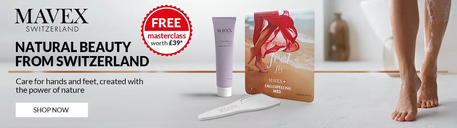 Natural beauty products from Switzerland, featuring hand cream and promotional offer.