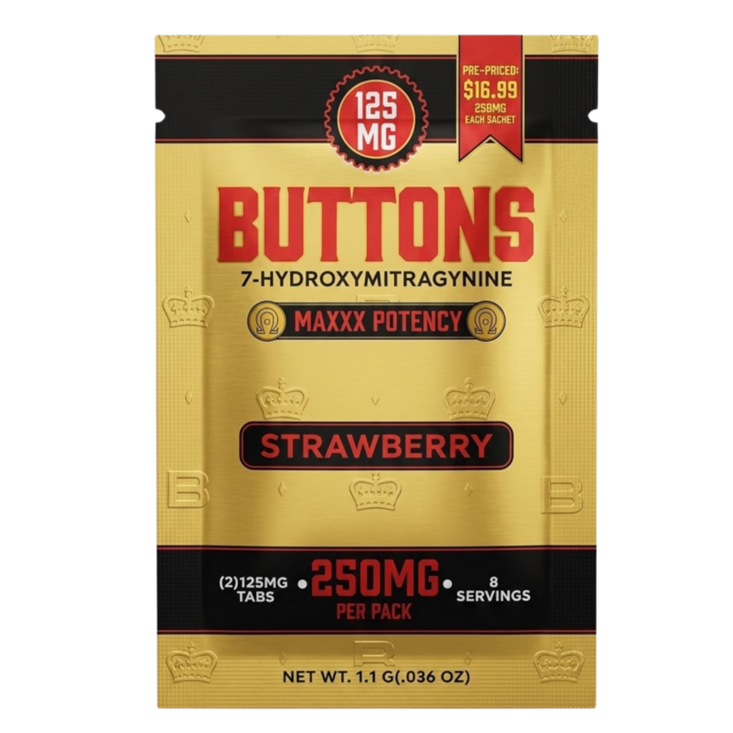 Packaging for strawberry-flavored buttons, containing 250mg per pack.