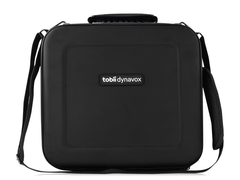 Black square carrying case with a shoulder strap and logo.