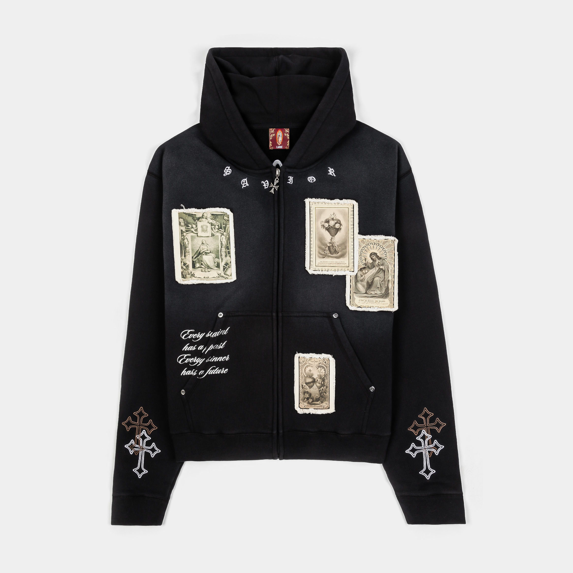Black hoodie with graphic prints and embellishments on the front.