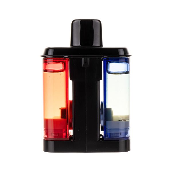 A dual-chambered Hayati Pro Ultra 25 K liquid container with red and blue sections.