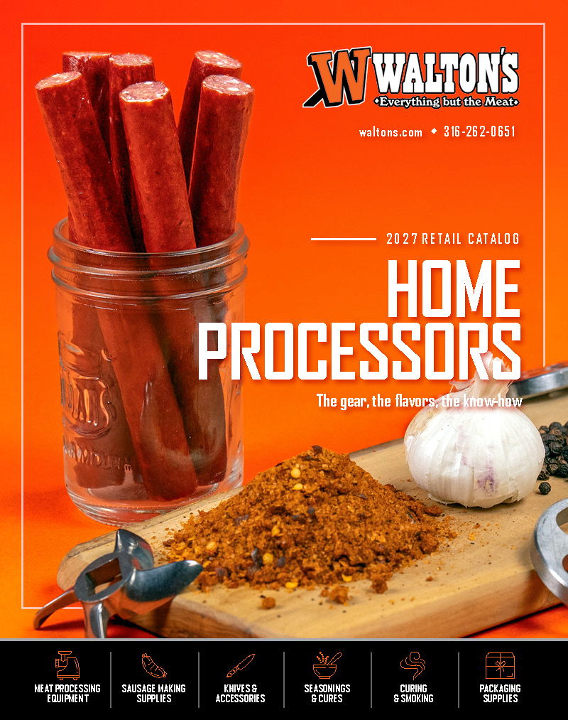 Waltons home processors catalog featuring meat snacks and spices on wooden table.