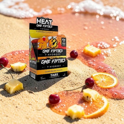 Box of candy on sandy beach with fruits and ocean waves.