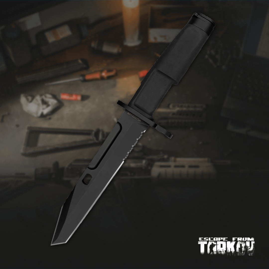 A black tactical knife on a dark background with various objects.