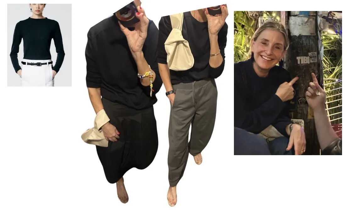 Collage of two people in stylish outfits and a woman pointing at something.