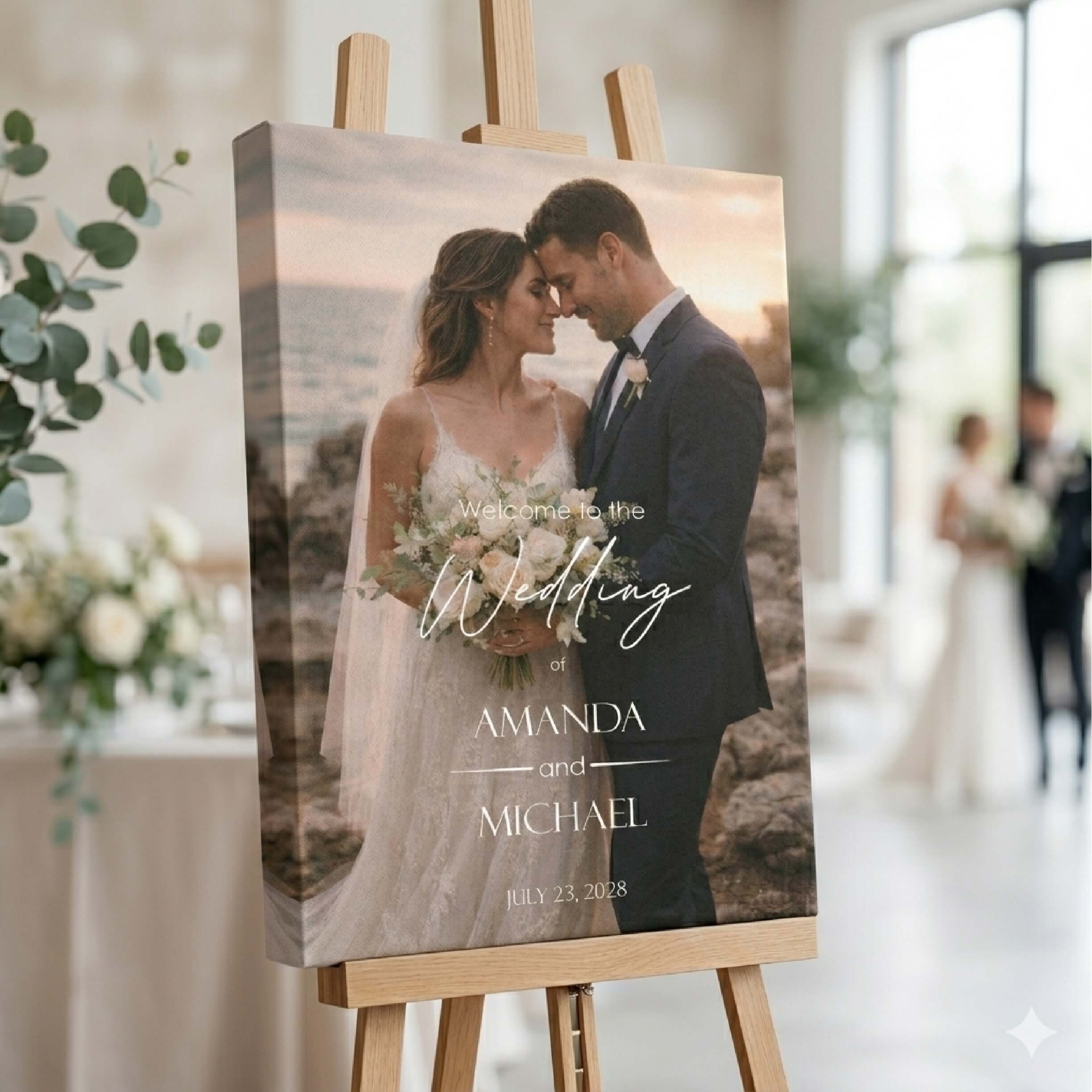 Wedding sign featuring Amanda and Michael, with a romantic background.