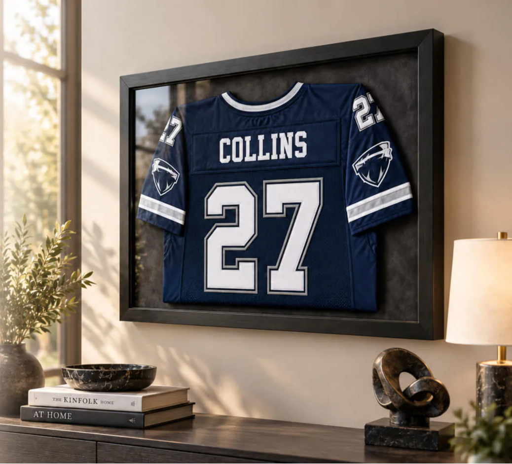 Framed sports jersey displayed in a stylish interior setting.