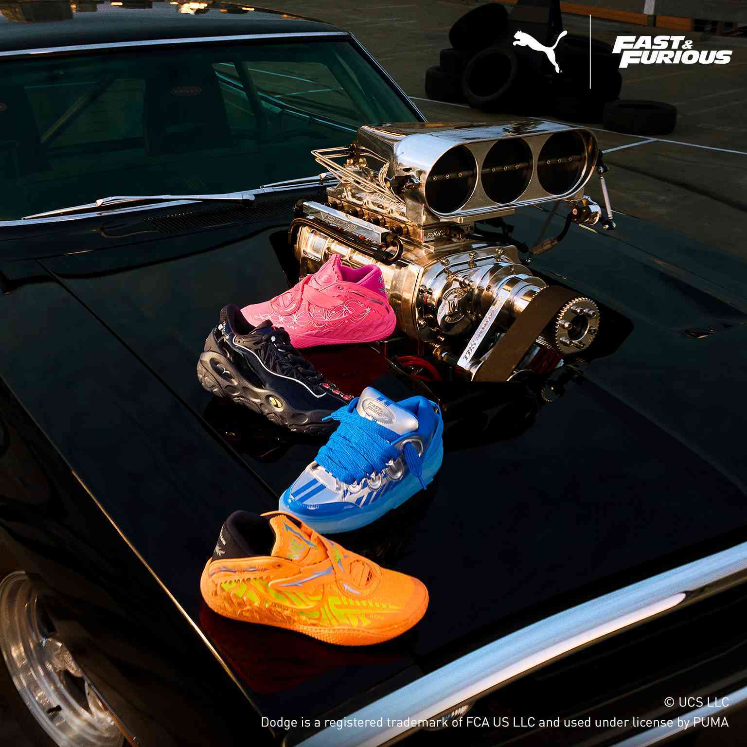 Puma x Fast and Furious - Colorful athletic shoes on a car hood with an engine.