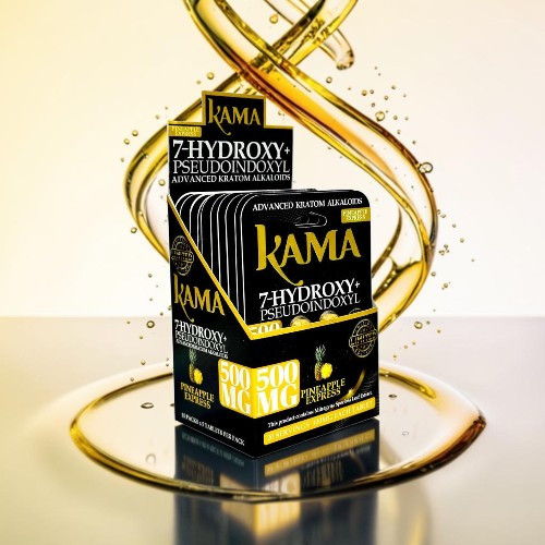 KAMA Hydroxy-Infusion product boxes with a golden swirl background.
