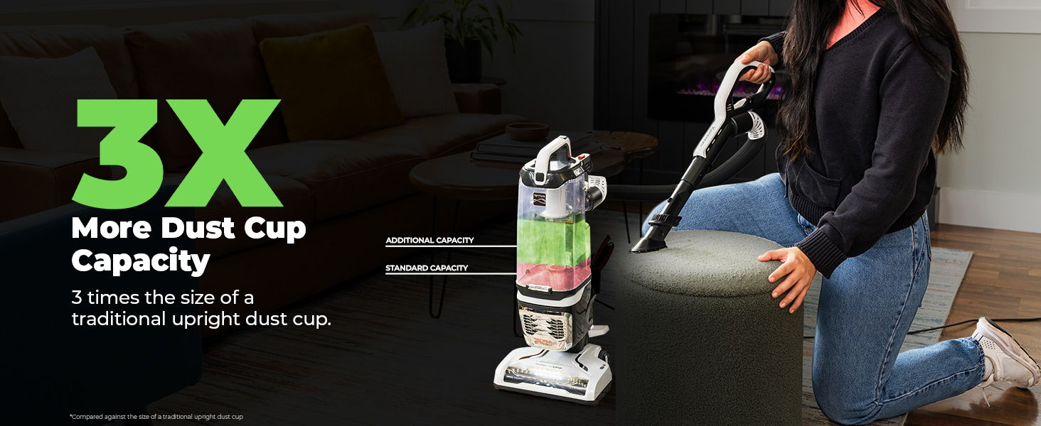Vacuum cleaner advertisement highlighting 3X dust cup capacity.
