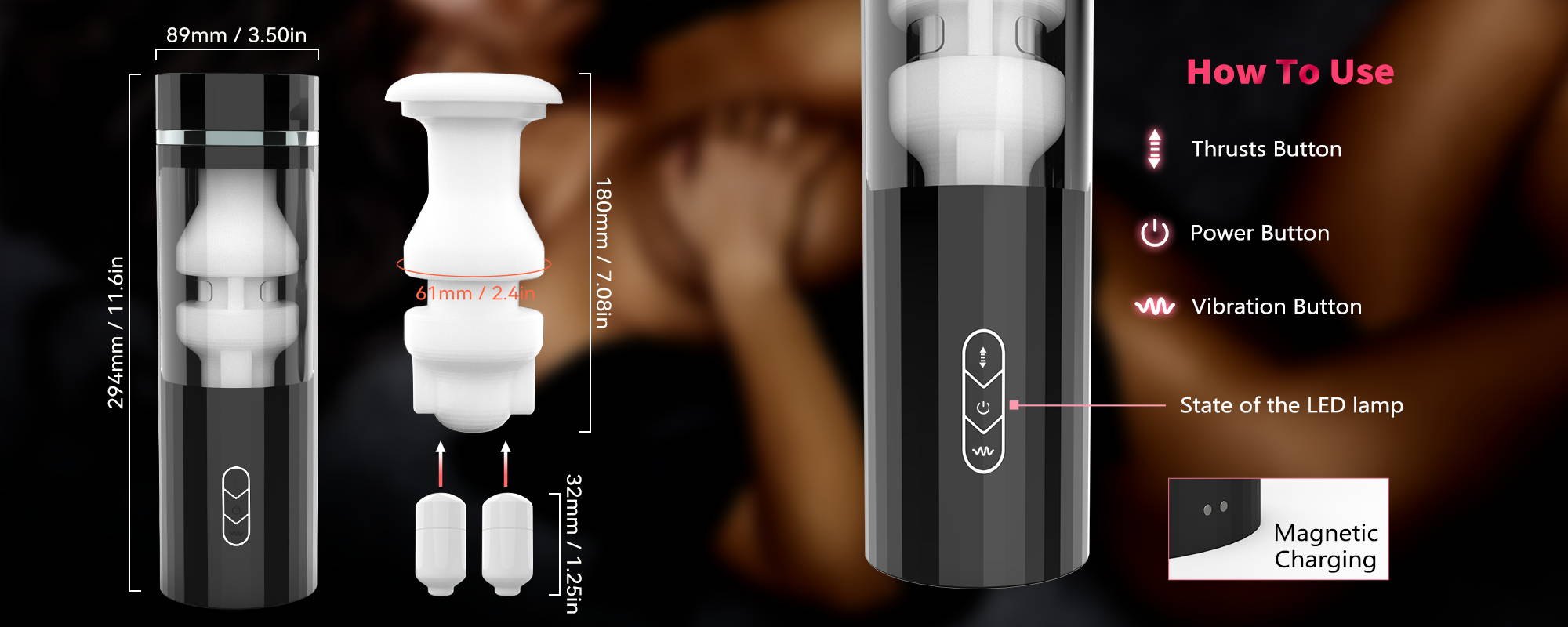 Black Automatic Male Masturbator With 6 Thrusts& Suctions 7 Vibrations