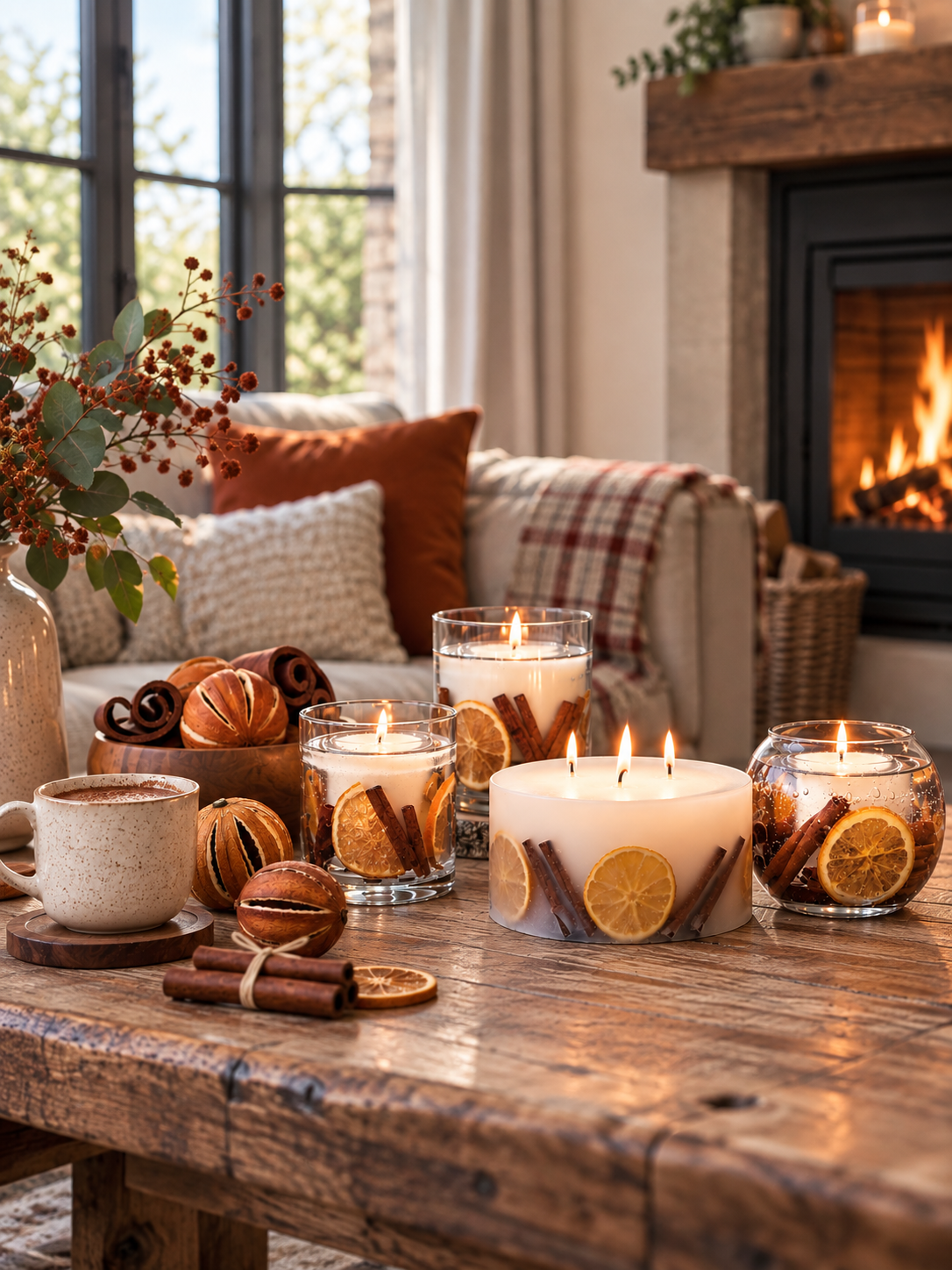 Cozy living room with candles, warm decor, and a fireplace.