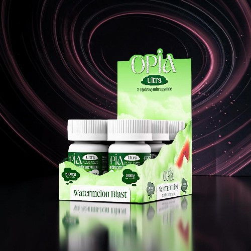 Green packaging for Opia product with multiple bottles displayed.
