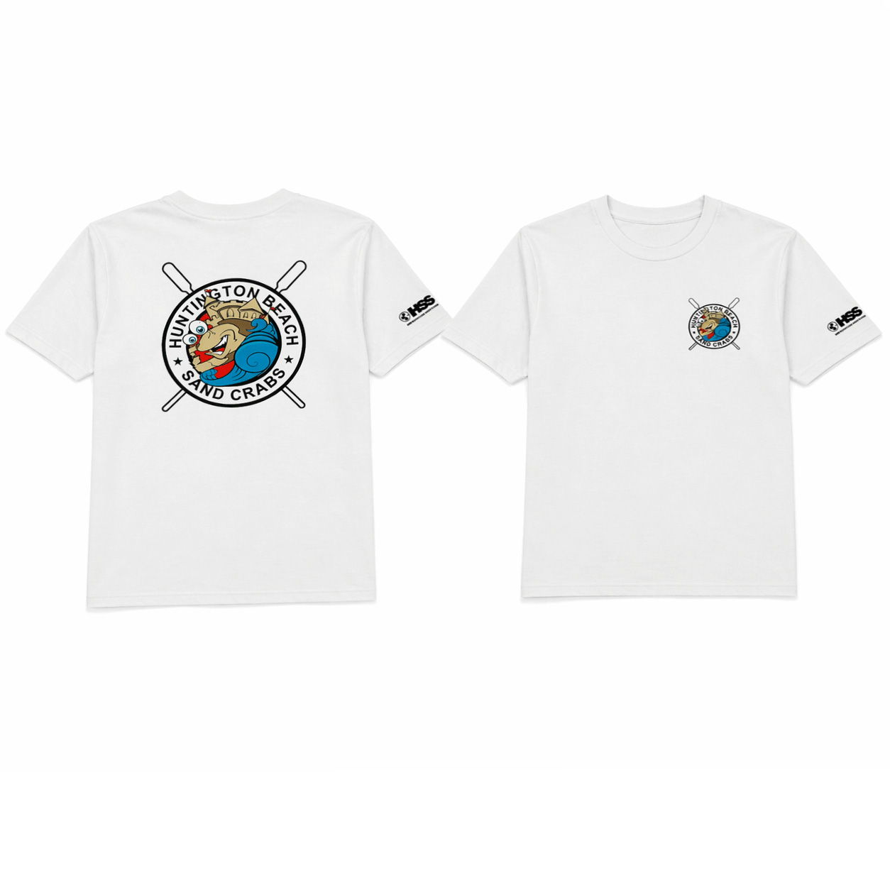 front and back of white t-shirt with HB Sandcrabs logo on a white background