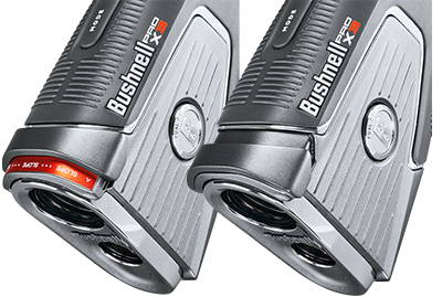 Two Bushnell Pro X3 golf rangefinders one with slope on and one with slope off