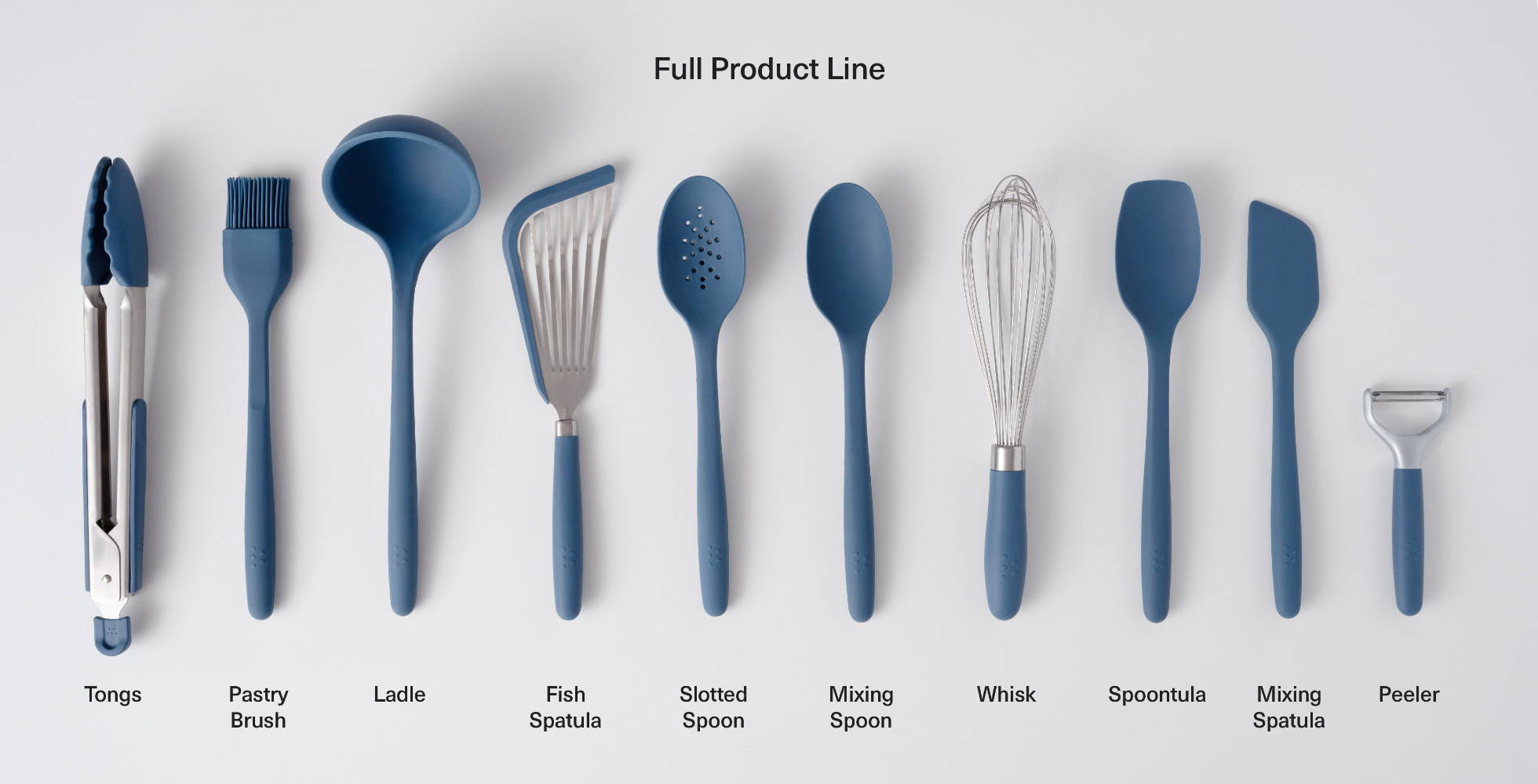 A Blue Misen 10-Piece Prep Tool Set including Tongs, Pastry Brush, Ladle, Fish Spatula, Slotted Spoon, Mixing Spoon, Whisk, Spoontula, Mixing Spatula, and Peeler.