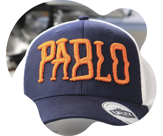 Close-up of a navy trucker cap with 