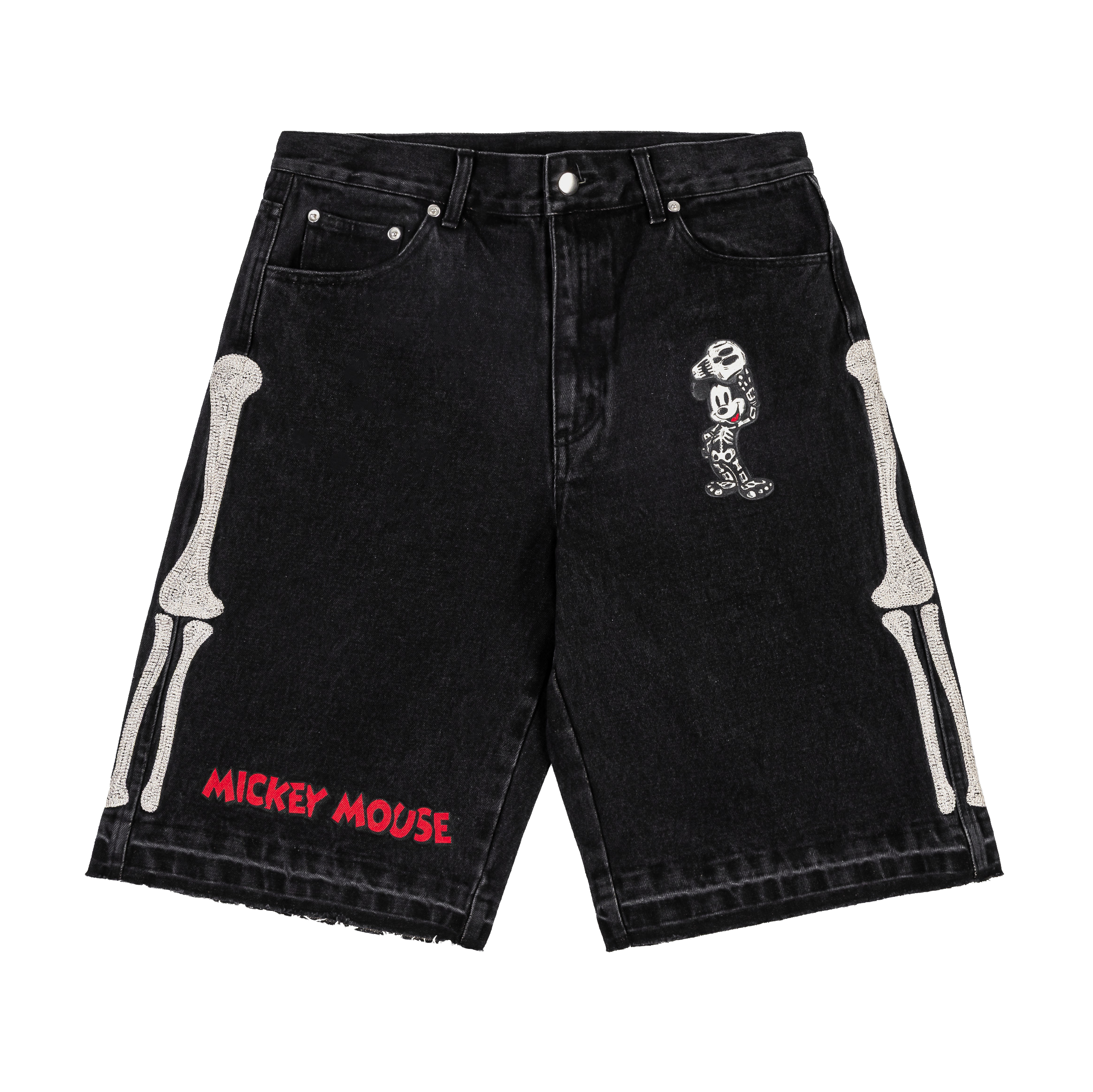 Black denim shorts featuring Mickey Mouse and bone graphics.