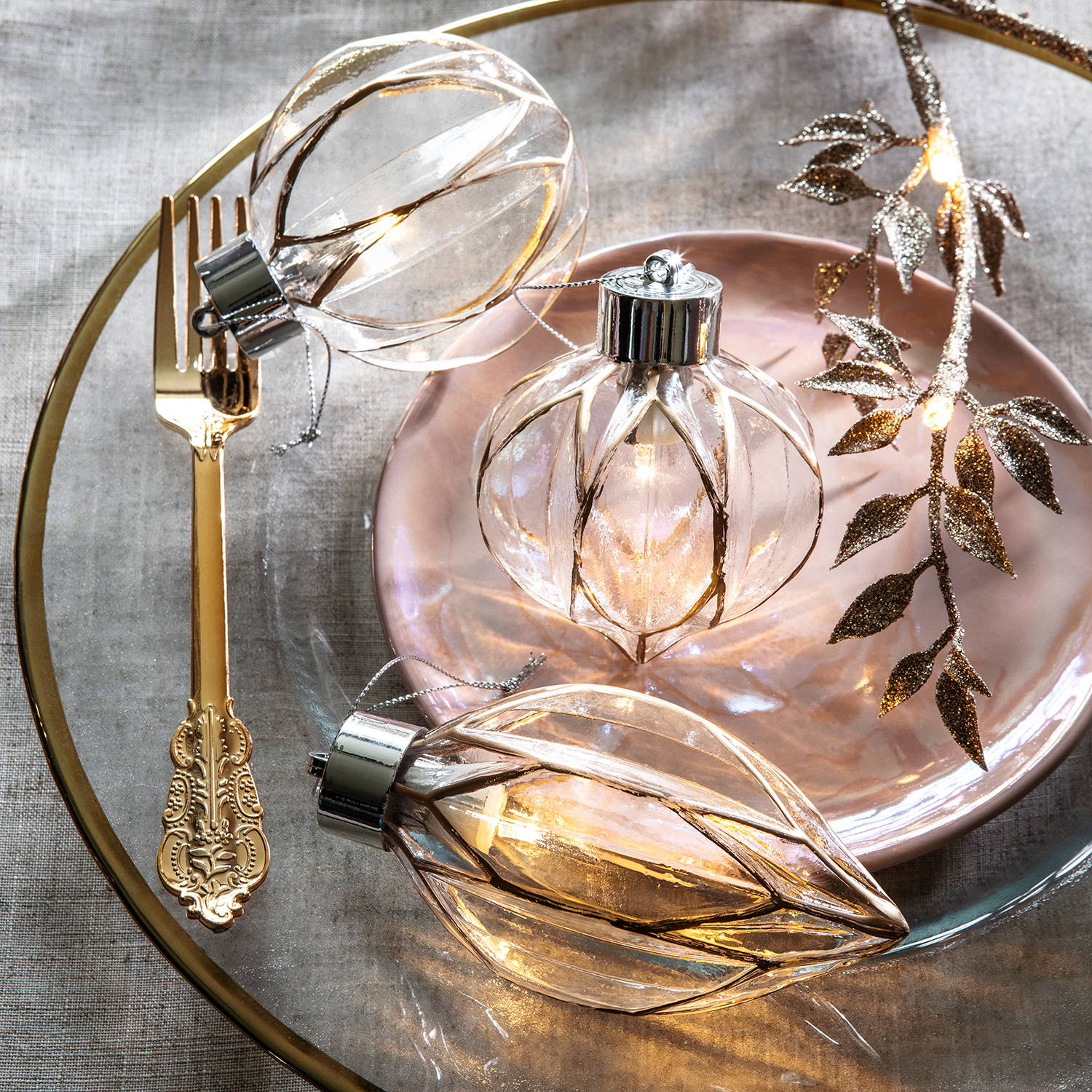 Glass LED Christmas Bauble Trio with geometric in clear glass cuts and gold piping trim