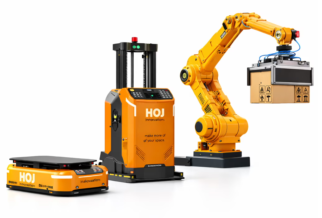 image of a HOJ AMR, HOJ autonomous Forklift and a Robotic Palletizing Arm