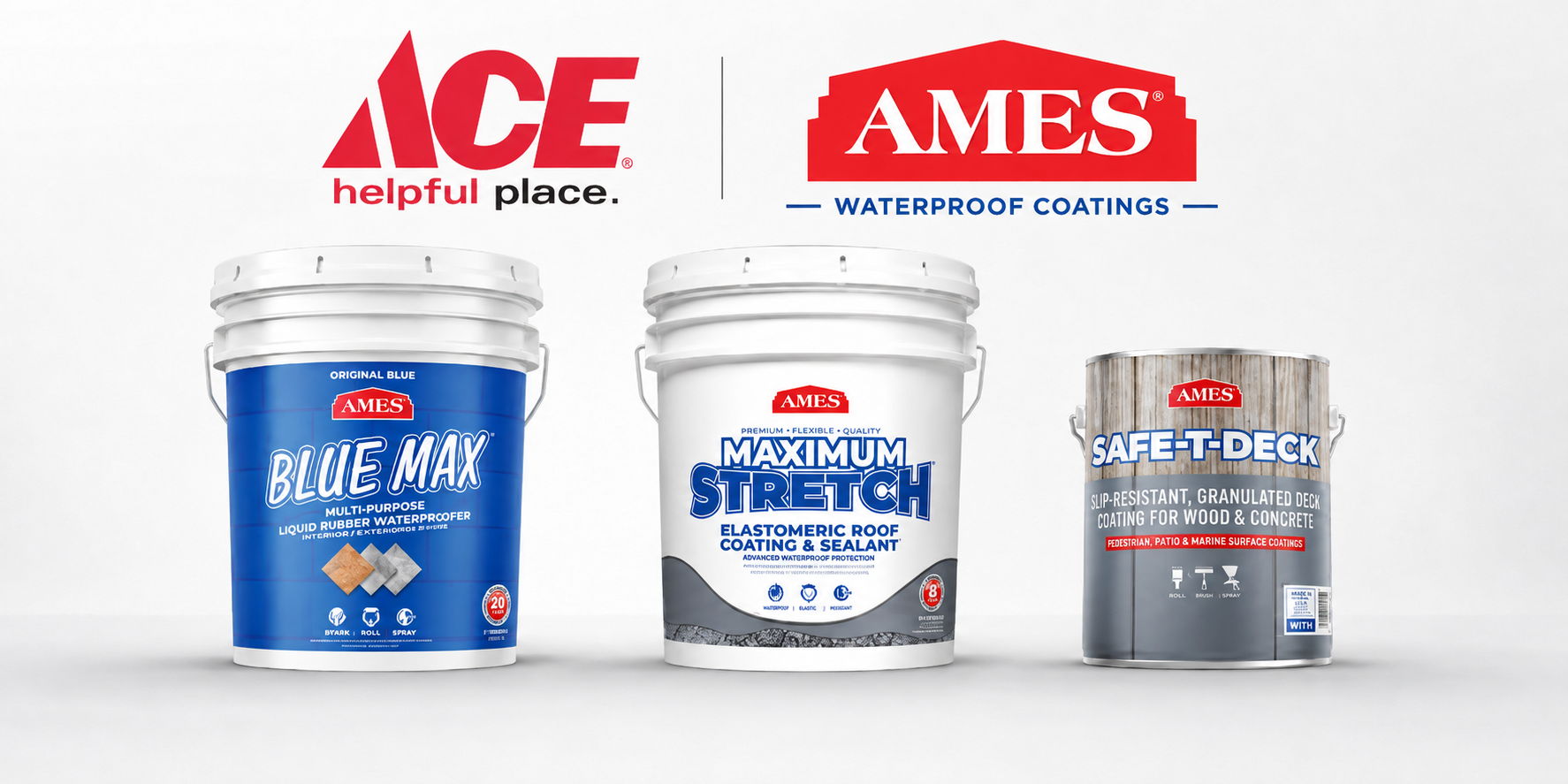 Buckets of paint labeled ACE and AMES with waterproofing features.