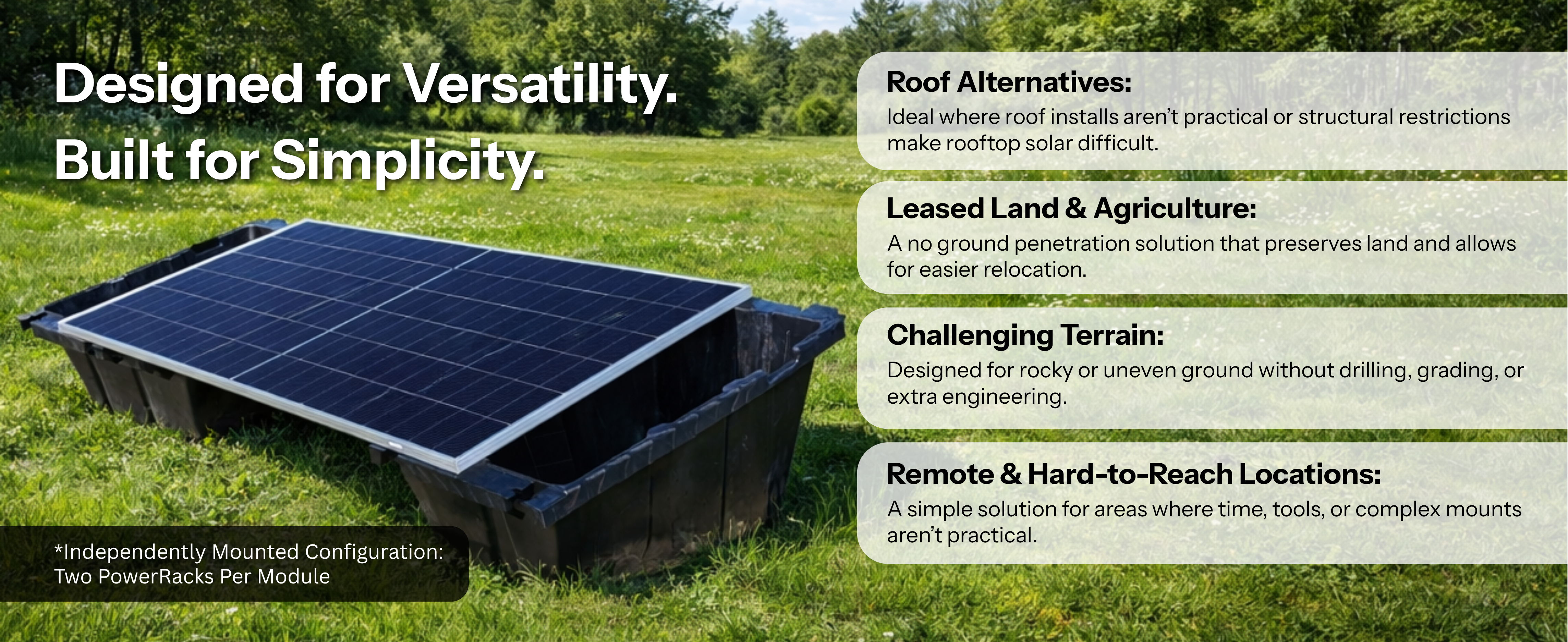 Solar panel on a grassy field with text about versatility and simplicity.