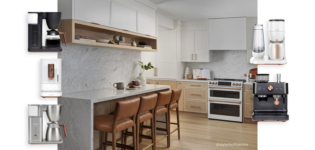 Kitchen with open counter space. Coffee and Espresso Machines in a variety of finishes that could work in the space.
