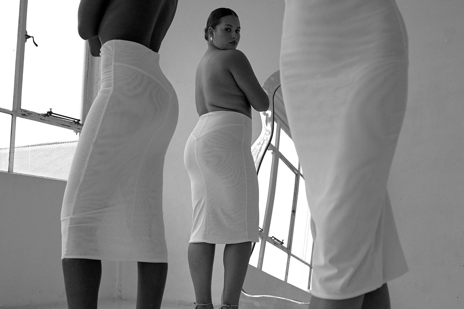 Models wearing built-in shapewear lining