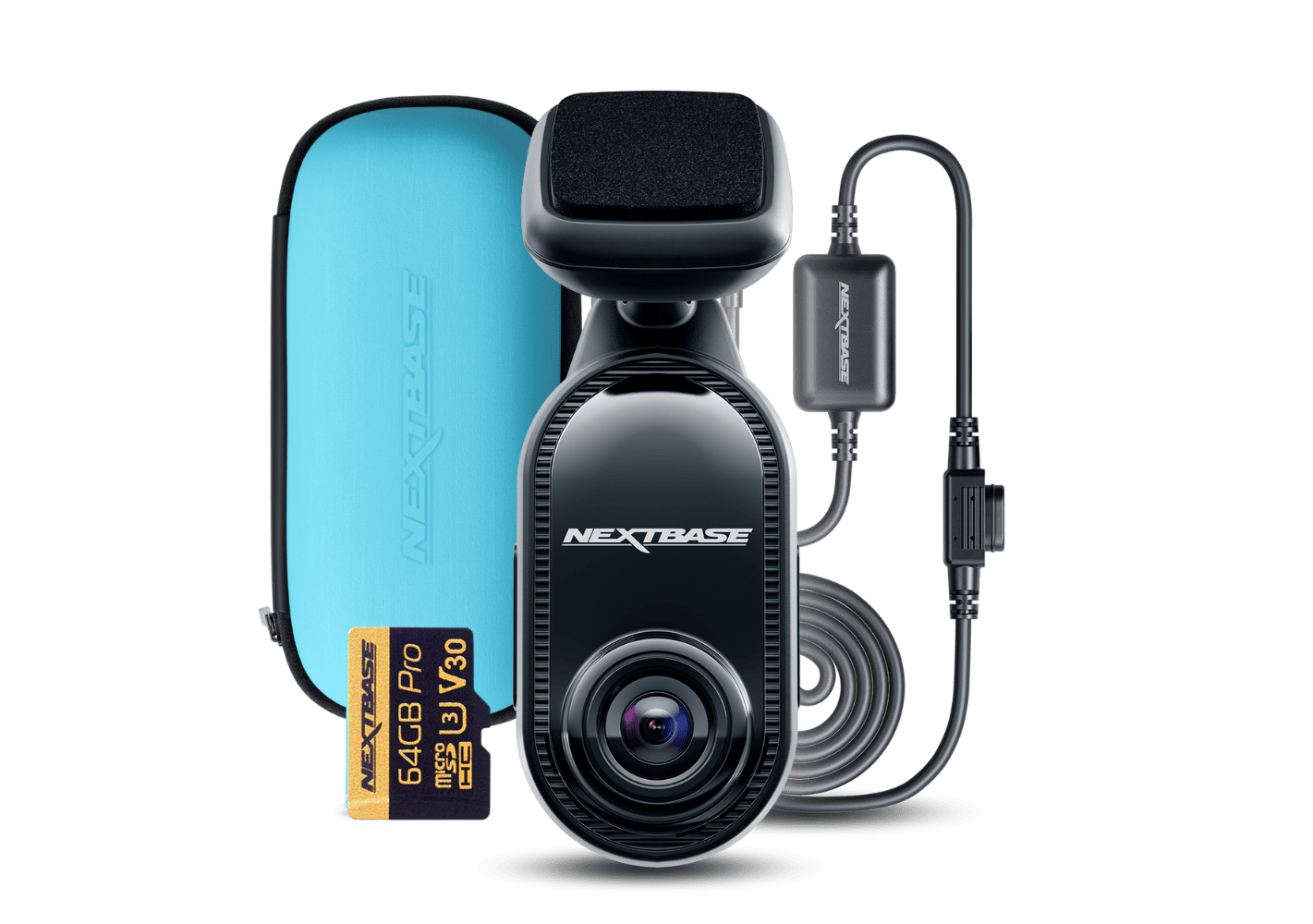 A car dash cam with accessories and a memory card.