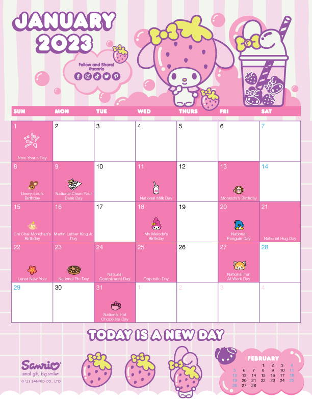 Sanrio Friend of the Month January 2023  Calendar featuring My Melody. 