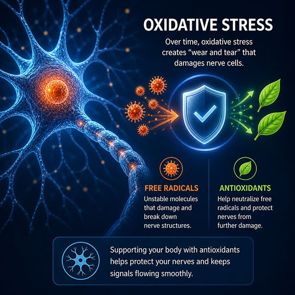 Oxidative stress effects on nerve cells with free radicals and antioxidants.