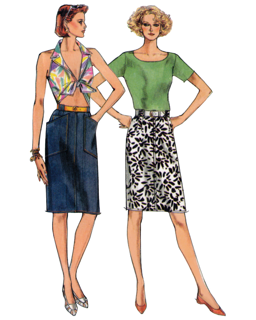 Two fashion illustrations of women in different outfits and skirts.