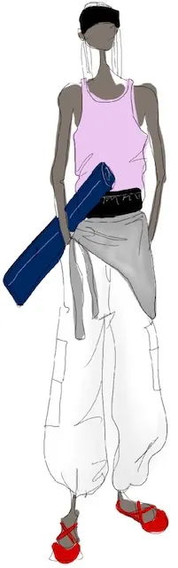 Fashion illustration of a model wearing casual athletic clothing with a yoga mat.