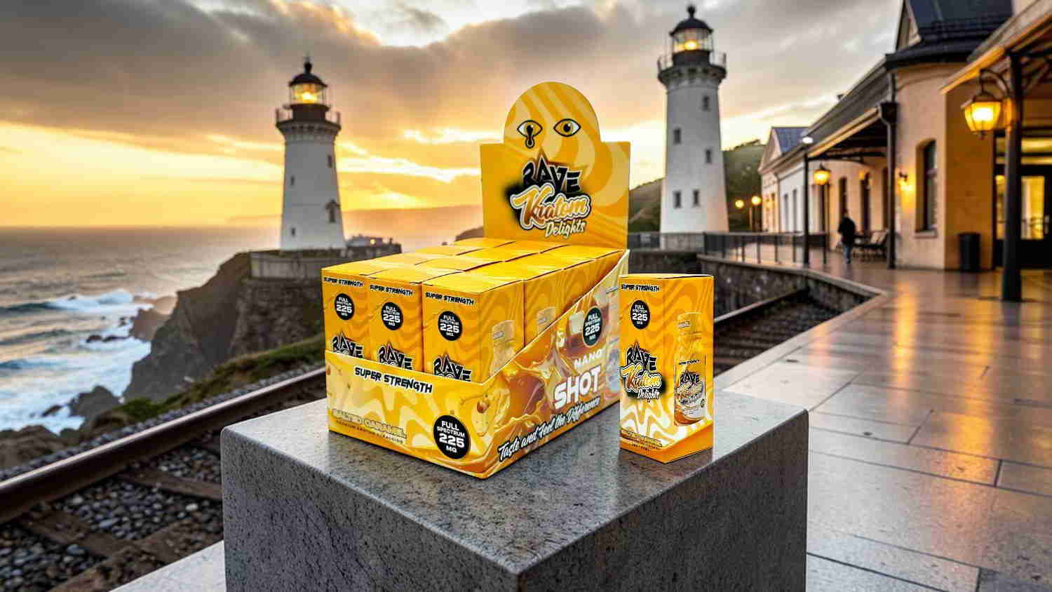 Display of yellow product boxes near lighthouses at sunset.