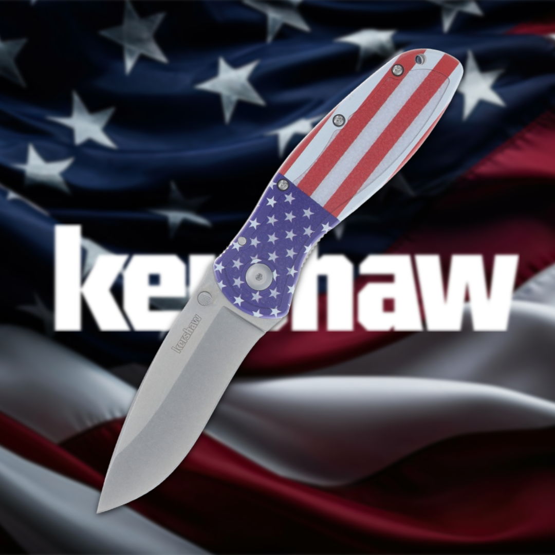 A knife with an American flag design against a flag background.