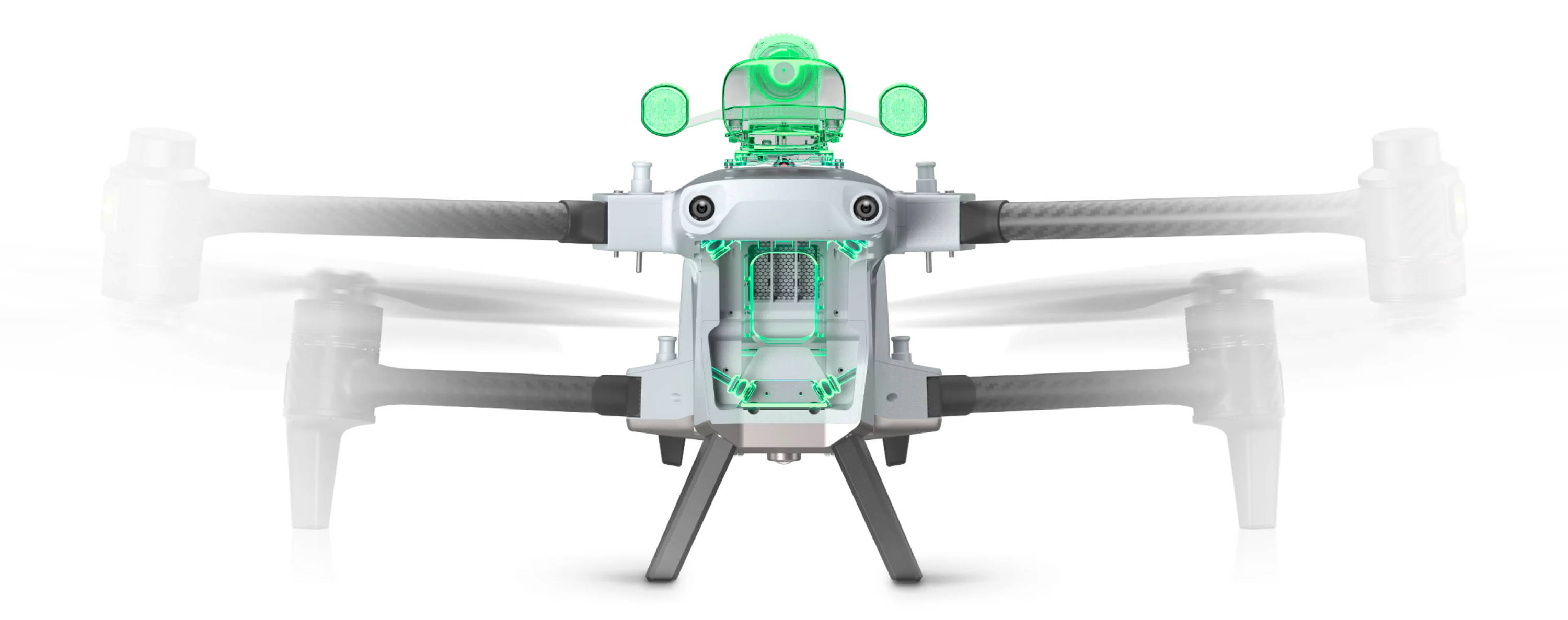 An Autel Alpha facing forward with green highlighted areas and partially visible internal components.