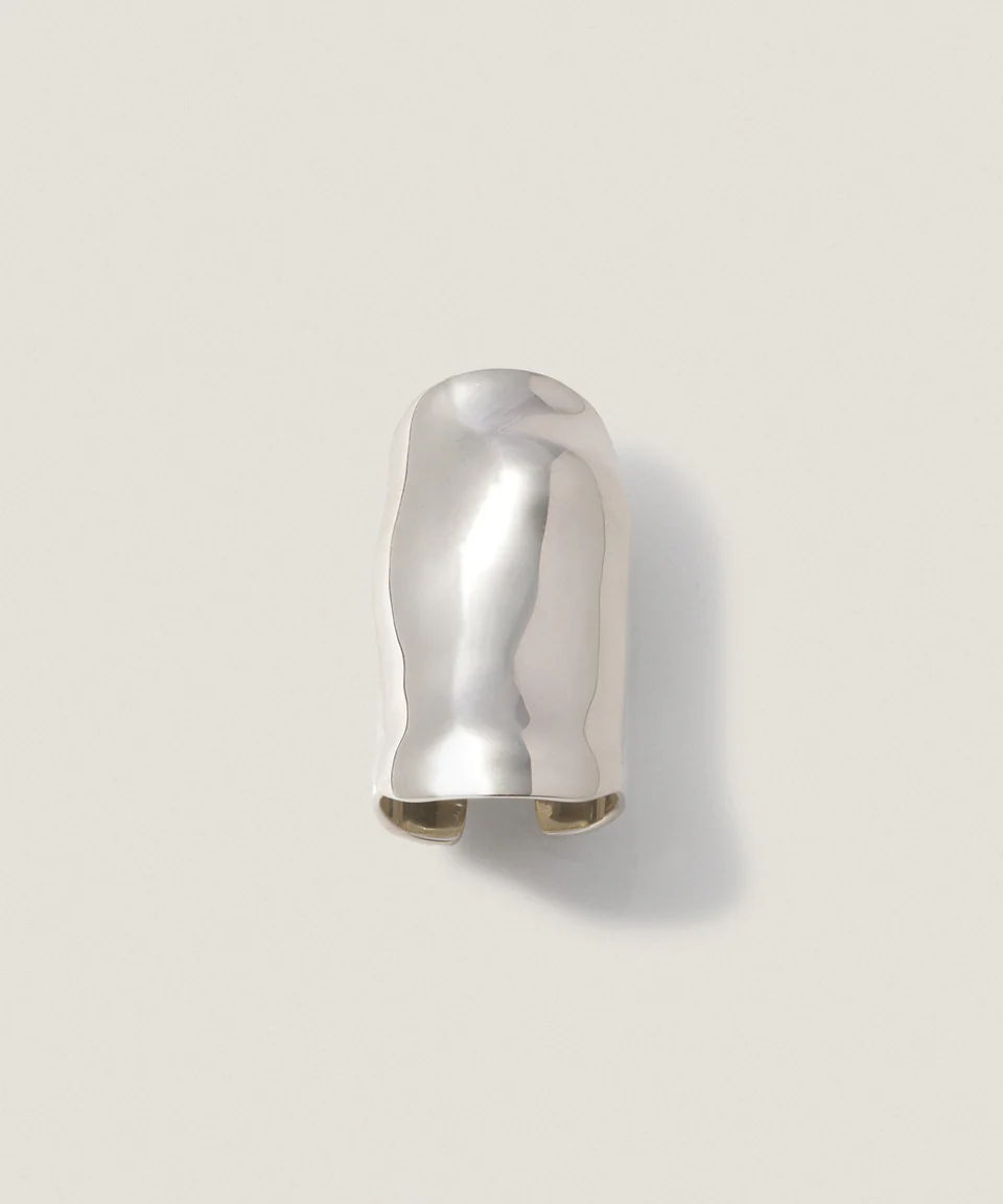 A shiny, silver-colored abstract sculpture resembling a small figure or form.
