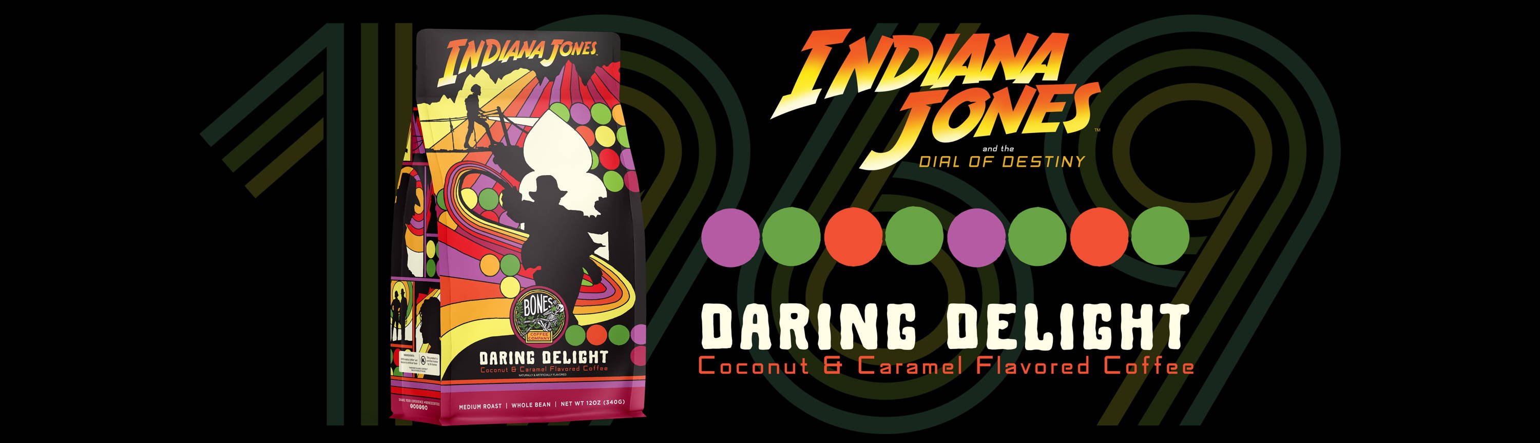 A 12 ounce bag of coffee inspired by Lucasfilm's Indiana Jones and the Dial of Destiny. The coffee is named Daring Delight and it is coconut and caramel flavored, featuring Indiana Jones on the bag.