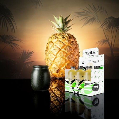 Pineapple, black container, and product box against a tropical background.