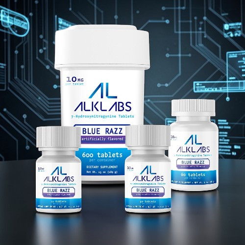 Four bottles of ALKLABS supplements against a tech-themed background.