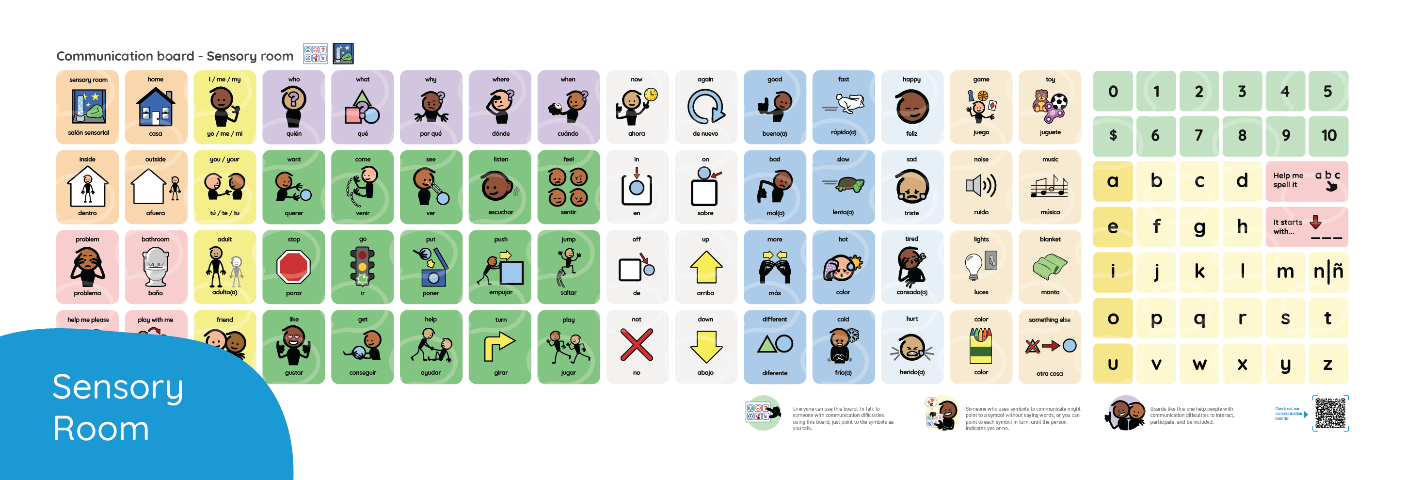 Grid of symbols for sensory room activities and instructions.