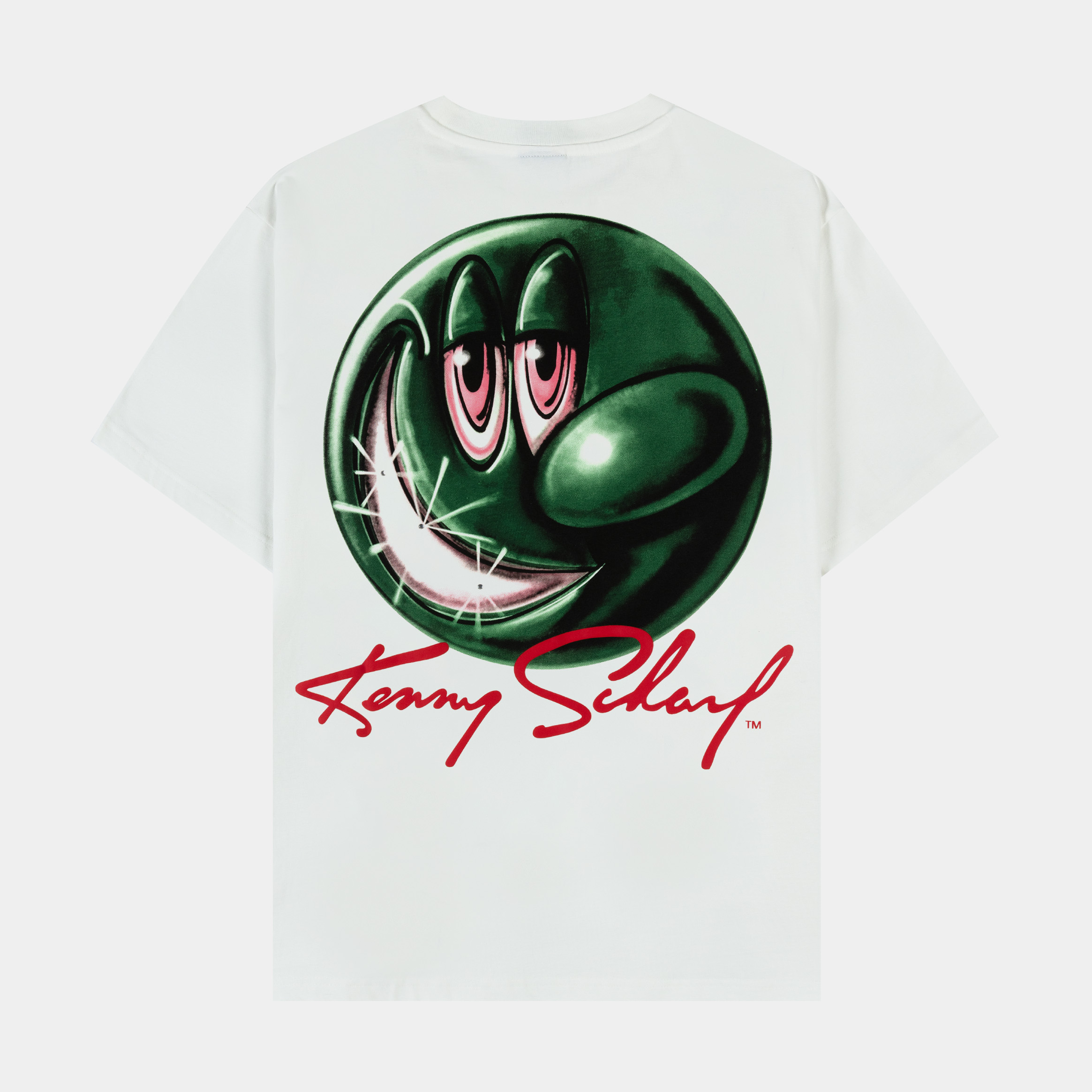 White t-shirt featuring a red heart graphic and text.
