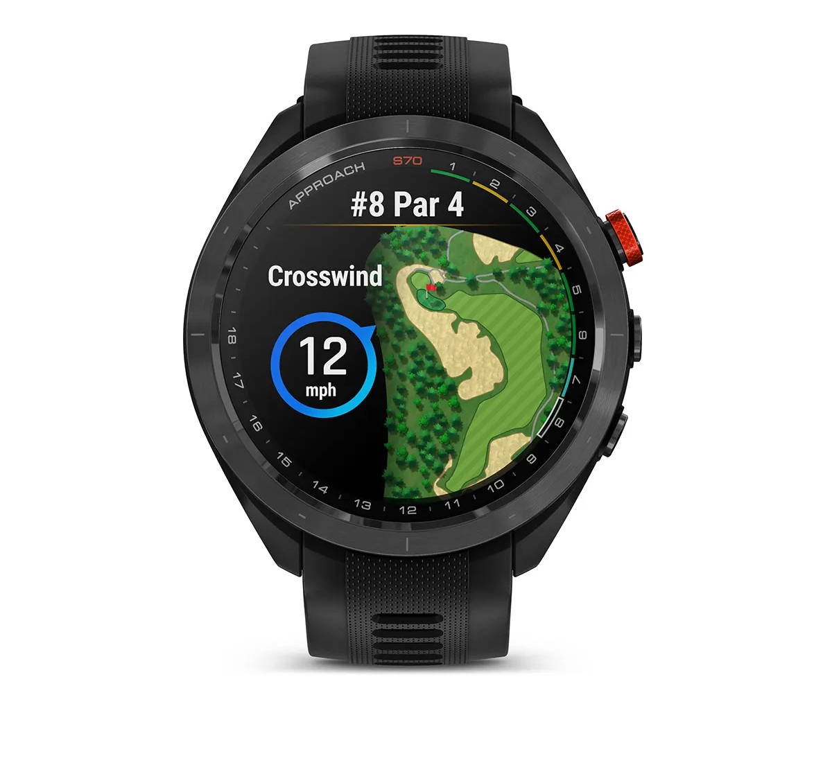 Black Garmin Approach S70 golf watch with overhead image of a green on the course with the crosswind number on the display