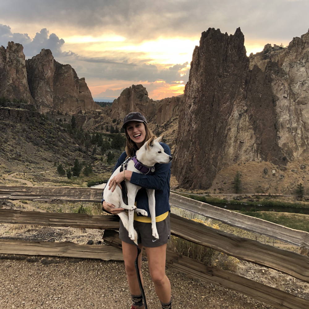 Kristen Petsche and her dog at Smith Rock Rumpl