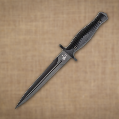 Black dagger knife on a textured background.