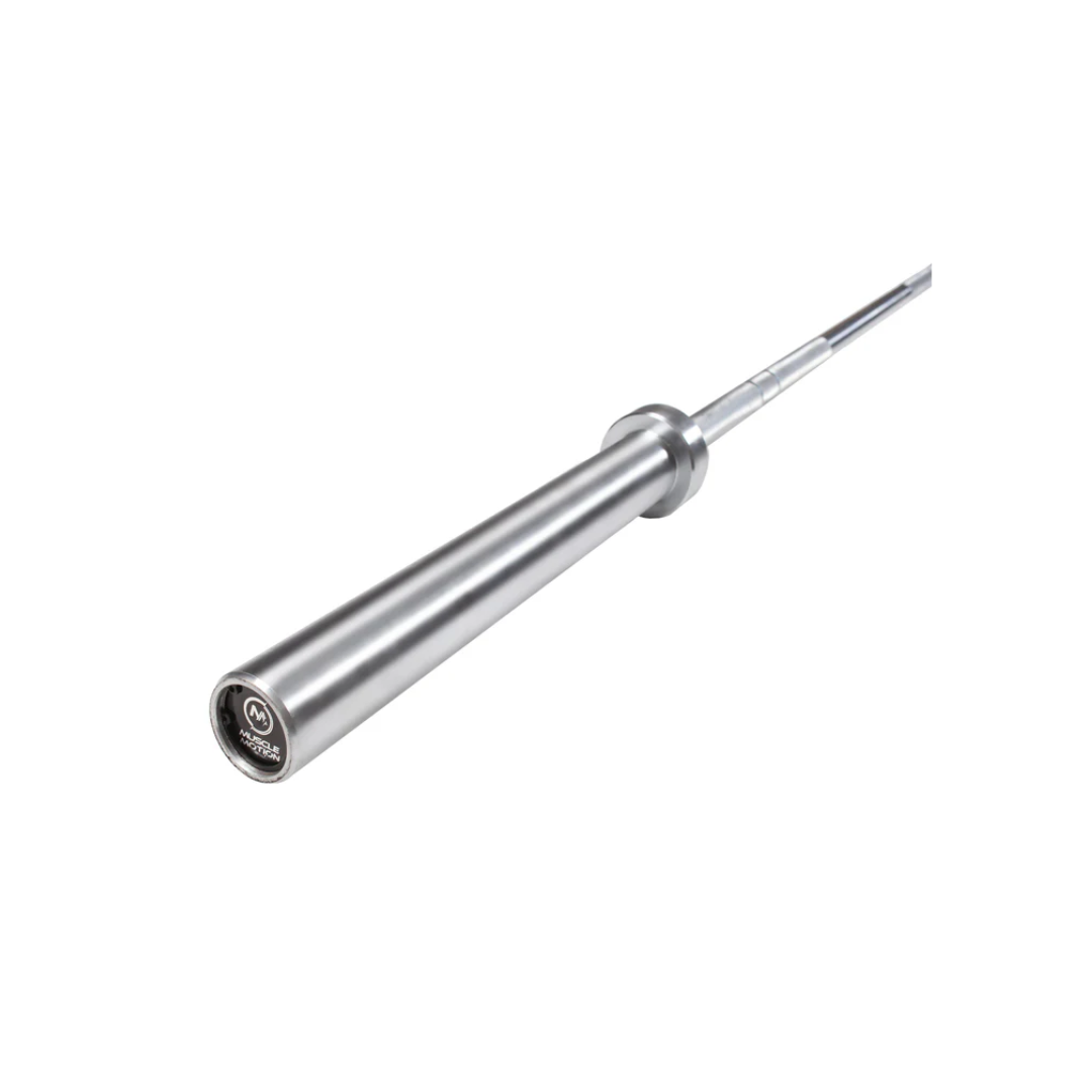 A close-up of a metallic barbell with a textured grip.