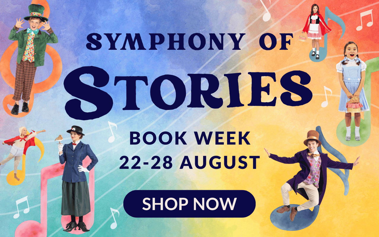 A colorful Book Week banner featuring children in various literary character costumes jumping and posing across a vibrant, rainbow-colored background with musical notes and staff lines. Characters featured: Chocolate Factory Owner Deluxe Costume, Underwear Hero Kids Costume, Musical Nanny Deluxe, Storybook Red Riding Hood Girls Costume, Girl from Oz Deluxe Girls Costume, Maddest Hatter Kids Costume & the Chocolate Factory Worker Deluxe Girls Costume. Click to shop all Book Week Costumes.